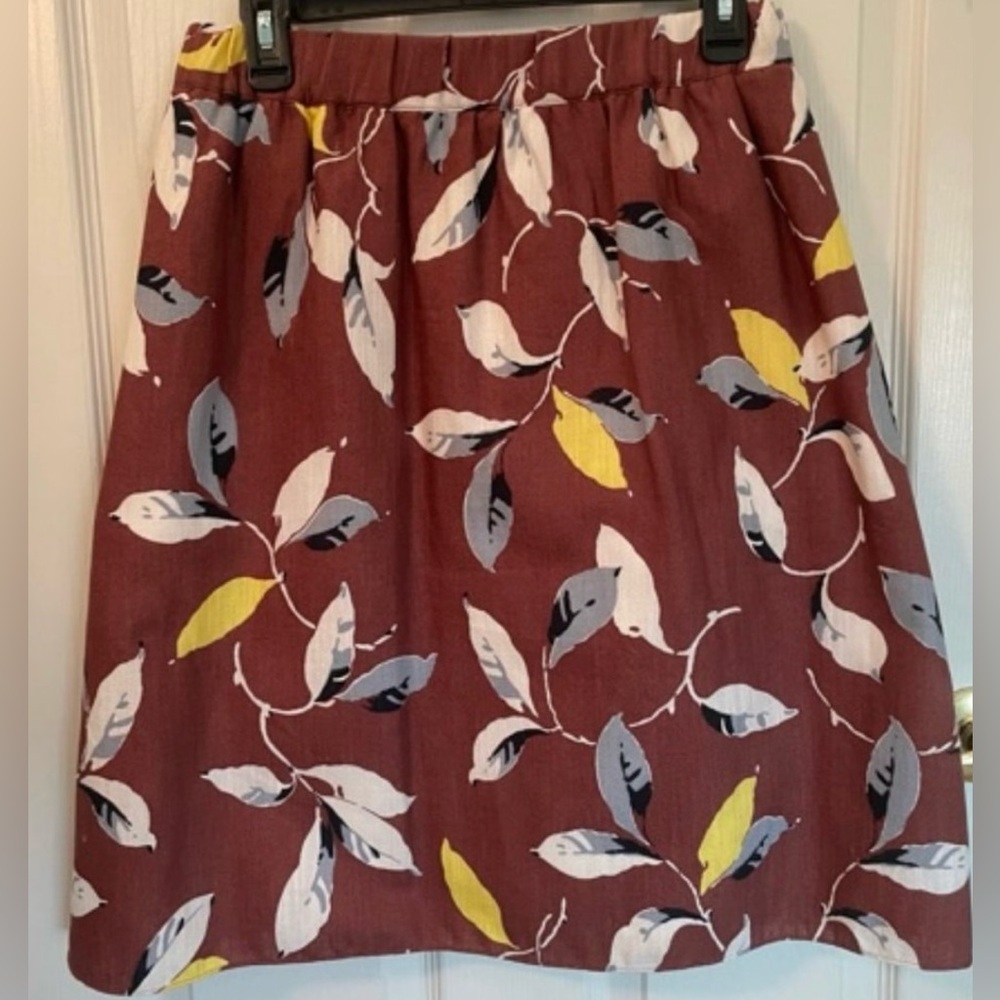 Boden Midi Skirt in Burgundy with Leaf Print